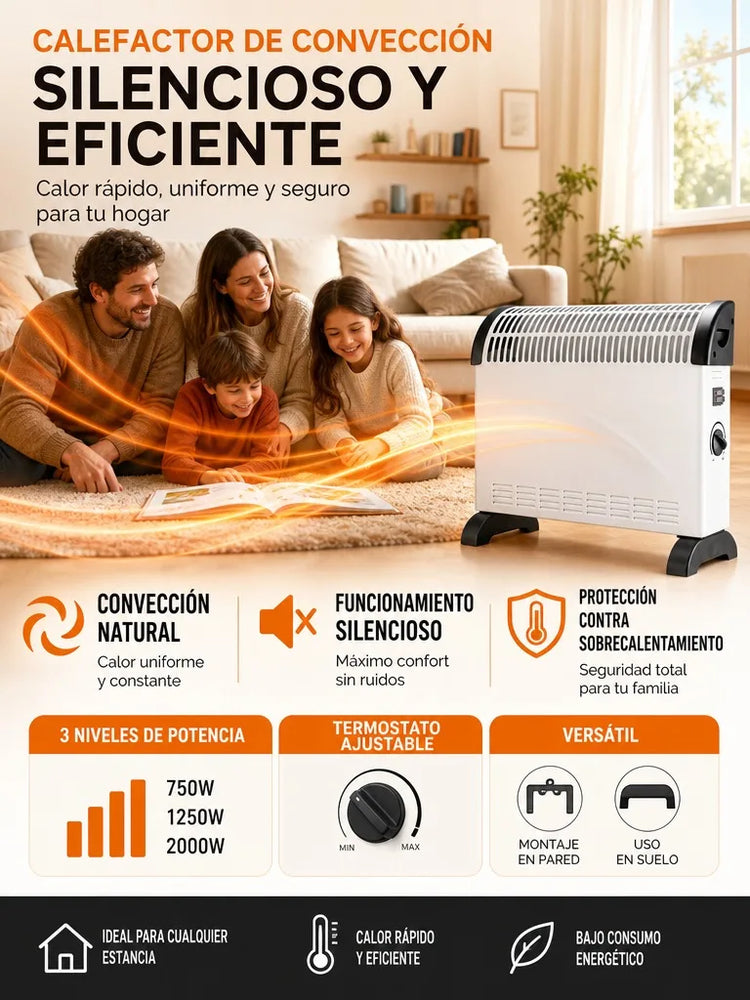 2000W Silent Electric Convector Radiator with 3 Power Levels, Adjustable Thermostat and Overheating Protection, Wall or Floor Heater for Home or Office