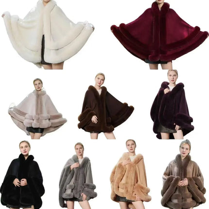 5 Colors 2024 Women 2 Circle Faux Rabbit Fur Cape Poncho Winter Loose Warm Shawl Outerwear Cashmere Cloak Overcoat