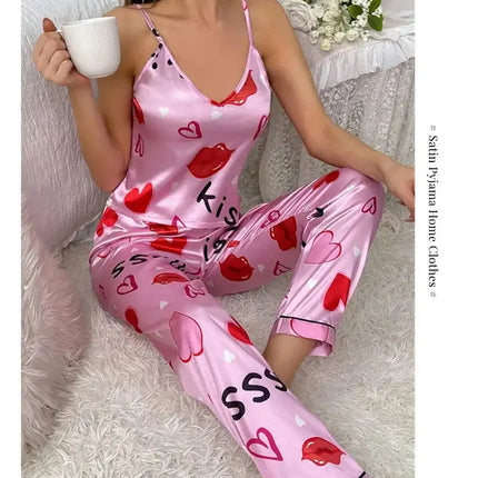 Pigiama floreale in raso da donna con top con cinturino per spaghetti e pantaloni lunghi Indumenti da notte 2 pezzi senza maniche Abbigliamento per la casa Pigiama platinumshop