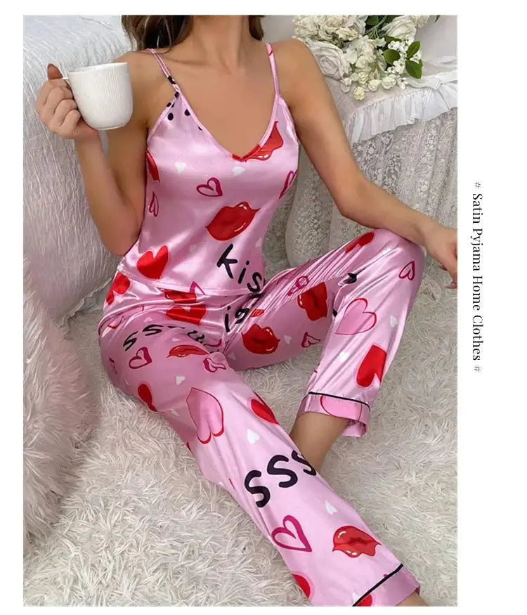 Pigiama floreale in raso da donna con top con cinturino per spaghetti e pantaloni lunghi Indumenti da notte 2 pezzi senza maniche Abbigliamento per la casa Pigiama platinumshop