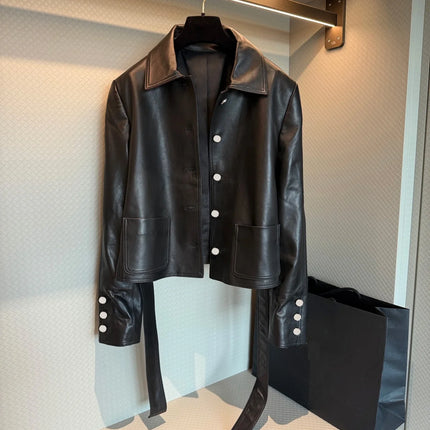 High Quality Women Lapel Short Jacket, Long Sleeve Button Solid Color Outerwear With Waist Belt
