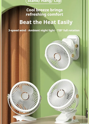 Ventilatore Portatile con Clip e Luci LED, 3 Velocità Regolabili, Silenzioso, da Scrivania, per Casa, Camera da Letto e Campeggio