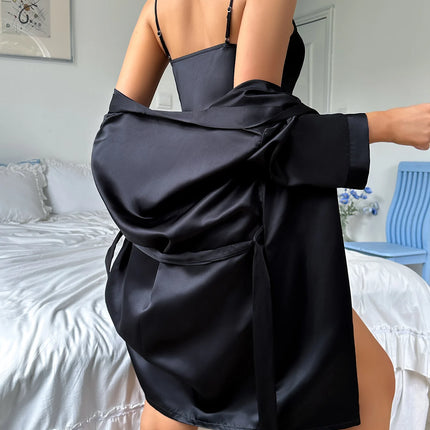 Pigiama da donna in raso, vestaglia accogliente con gonna sexy, set pigiama leggero in due pezzi