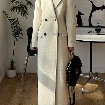 High-end White Thick Double-sided Wool Cashmere Coat Long Women Fashion Casual Loose Lapel Lace-up Woolen Jacket Autumn Winter