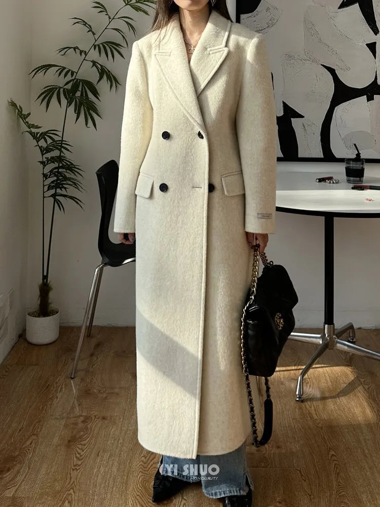 High-end White Thick Double-sided Wool Cashmere Coat Long Women Fashion Casual Loose Lapel Lace-up Woolen Jacket Autumn Winter