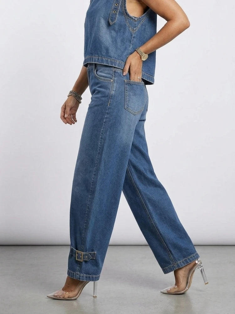 Jeans a Vita Alta e Gamba Larga da Donna, Estate 2026, Stile Retrò Streetwear, Pantaloni in Denim con Fibbie, Casual per il Quotidiano