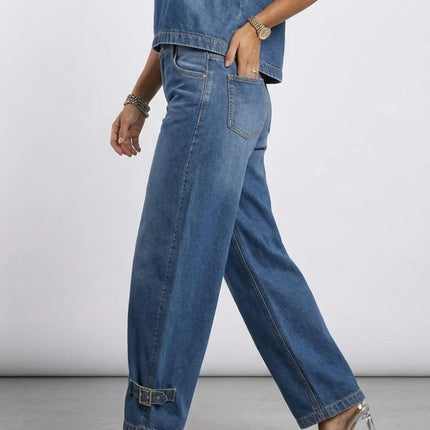 Jeans a Vita Alta e Gamba Larga da Donna, Estate 2026, Stile Retrò Streetwear, Pantaloni in Denim con Fibbie, Casual per il Quotidiano