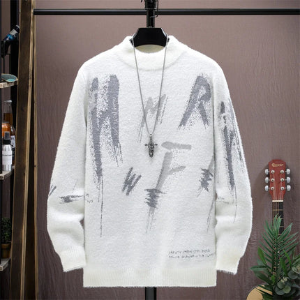 Winter Plaid Mink Cashmere Sweater Men Half Turtleneck Mens Sweaters Top Quality Pull Homme Thick Warm Pullover Men