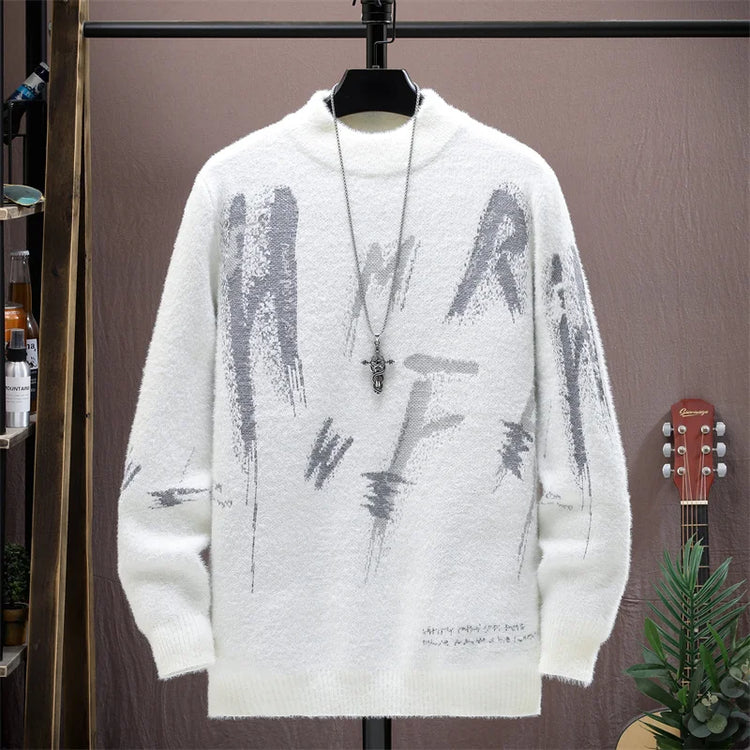 Winter Plaid Mink Cashmere Sweater Men Half Turtleneck Mens Sweaters Top Quality Pull Homme Thick Warm Pullover Men