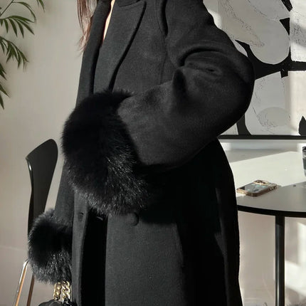 Autumn Winter Korean High-end Real Fox Fur Sleeves Women Black Slim Fit Waist Cinched Double-sided Wool Coat Long Woolen Coat