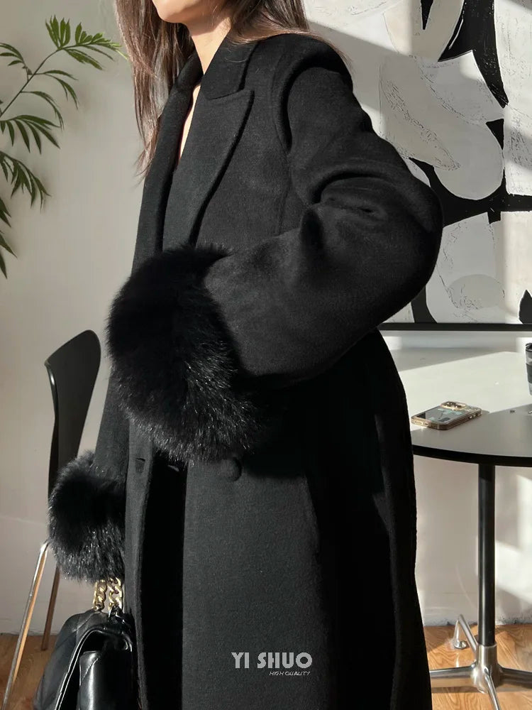 Autumn Winter Korean High-end Real Fox Fur Sleeves Women Black Slim Fit Waist Cinched Double-sided Wool Coat Long Woolen Coat
