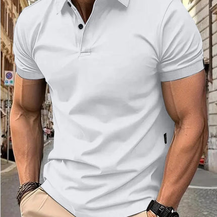 Men's Casual Short Sleeve Button-Up Lapel Solid Color T-Shirt