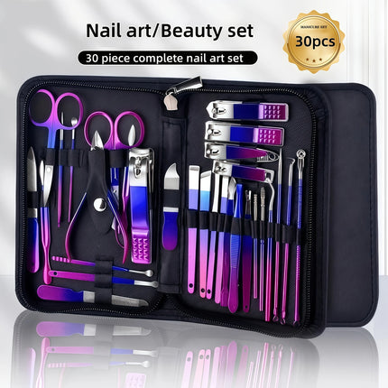 26Pcs Red Blue Gradient Nail Clipper Manicure Set Stainless Steel Nail File Cuticle Trimmer Kit Portable Storage Box Gift Manicure Pedicure Tools