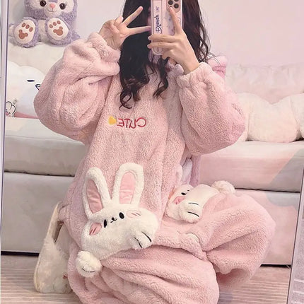 Coral Velvet Onesies Women Cute Rabbit Kigurumi Unicorn Preppy Cartoon Hooded Kawaii Thicker Winter Warm Cotton Pajamas Homewear