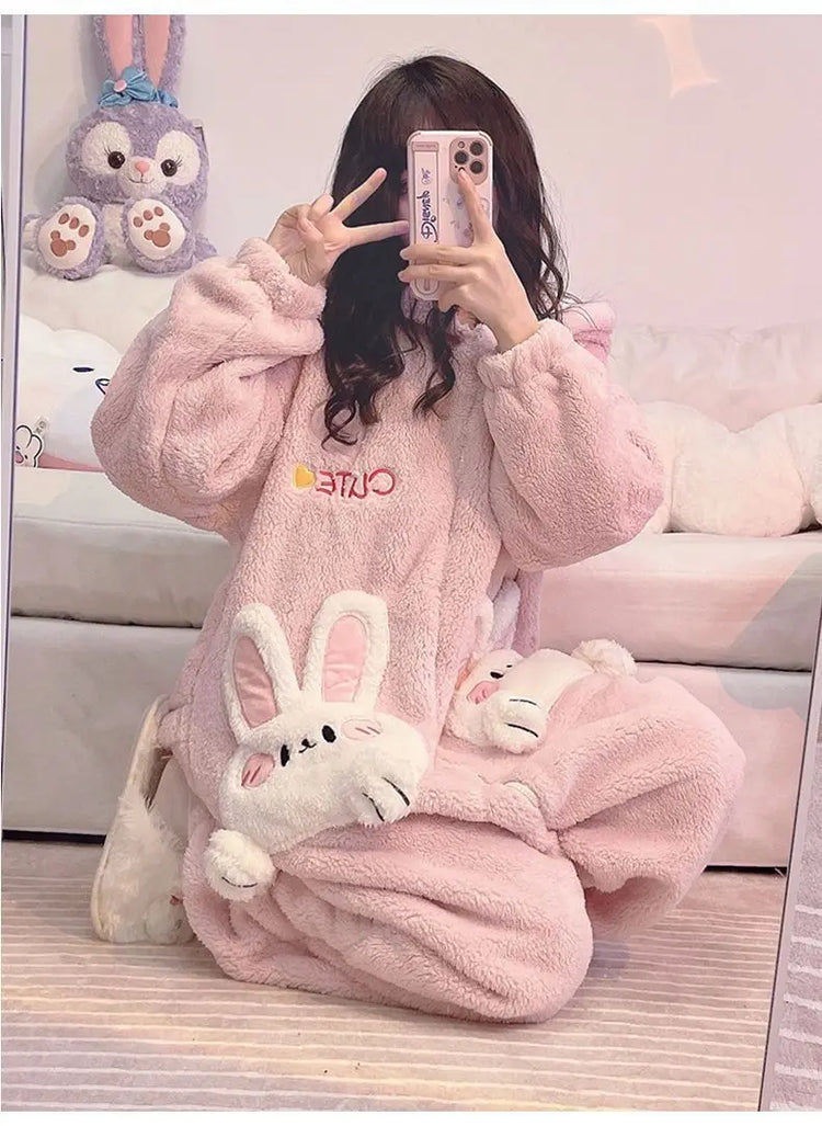 Coral Velvet Onesies Women Cute Rabbit Kigurumi Unicorn Preppy Cartoon Hooded Kawaii Thicker Winter Warm Cotton Pajamas Homewear
