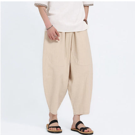 Pantaloni Harem in Cotone e Lino da Uomo, Casual, Traspiranti, Comodi, Estivi, Lunghezza al Polpaccio, Taglie Forti fino a 5XL