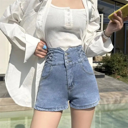 Women's super high waisted denim shorts for summer girls, new black A-line waist cinching slimming design, hot pants PlatiNum