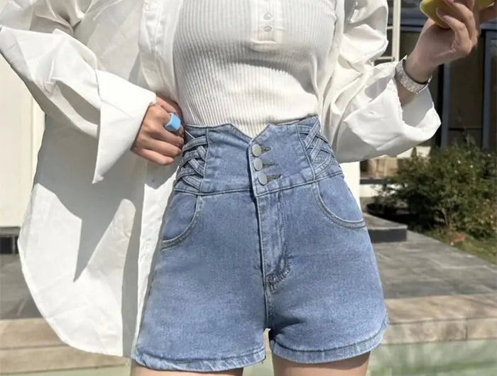 Women's super high waisted denim shorts for summer girls, new black A-line waist cinching slimming design, hot pants PlatiNum