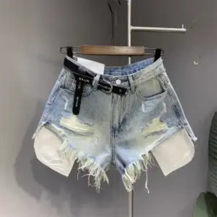 New style ripped denim shorts with frayed washed pockets and wide legs
