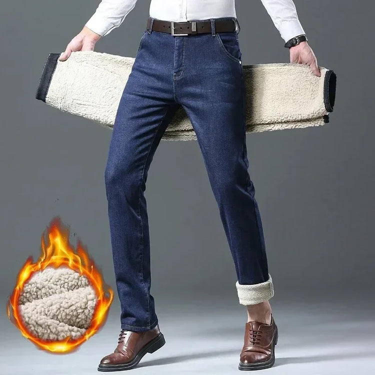 2026 New Plush Lined Business Male Trousers Winter Lamb Fluff Jeans Men Straight Denim Pants Thicken Fleece Warm Stretch Jeansy