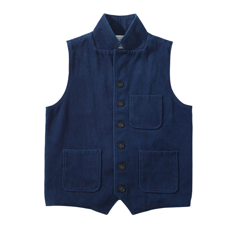 Vintage Lapel Waistcoat Men Autumn Winter New Kendo Fabric Multi-pocket Indigo Jacket Suit Vest Handmade Blue Dyed Cardigan Coat