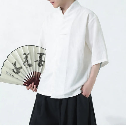 Camicie da uomo estive in lino di alta qualità, tinta unita, a maniche corte, stile cinese tradizionale, per Kung Fu e Tai Chi