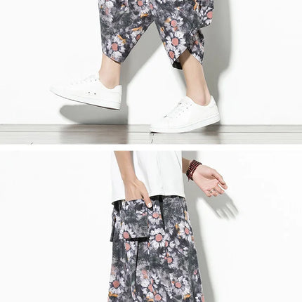 Pantaloncini Estivi Harajuku Larghi Stampati Traspiranti Casual a Lunghezza Polpaccio in Cotone Oversize da Uomo