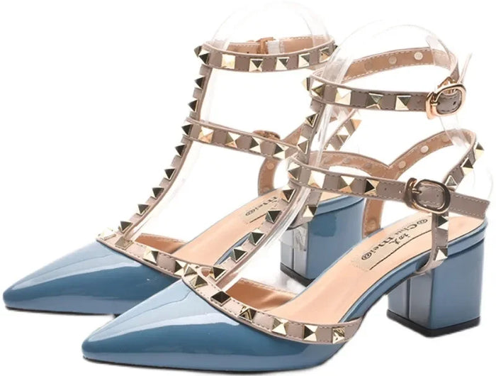Scarpe singole con borchie in pelle verniciata da donna 2 fibbie décolleté lucide con cinturino a T 5.5cm punta a punta fatta a mano sandali taglie forti larghi 48
