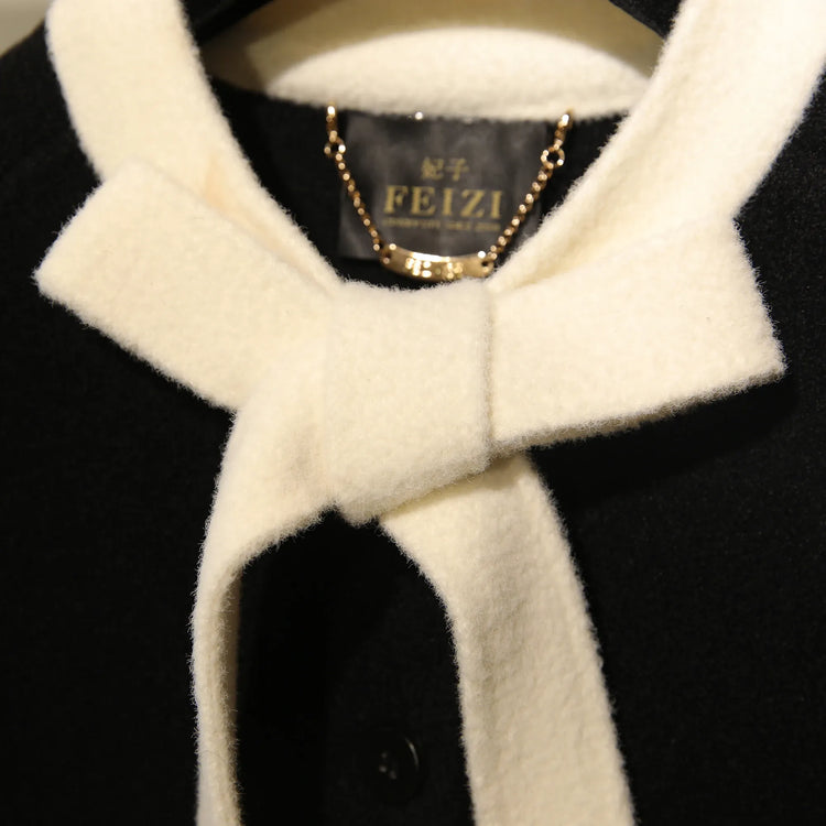 French Elegant Socialite Cape Jacket Plush Pocket Round Neck Bow Single-breasted Loose Versatile Woolen Cloak Coats Women Winter