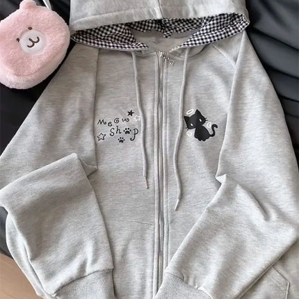 Zipper Hoodie Gothic Cartoon Kawaii Cat Ear Y2k Jacket Zip Up Thin Coat Spring Autumn Cute Core 2000s Clothes Fall Sweatshirts