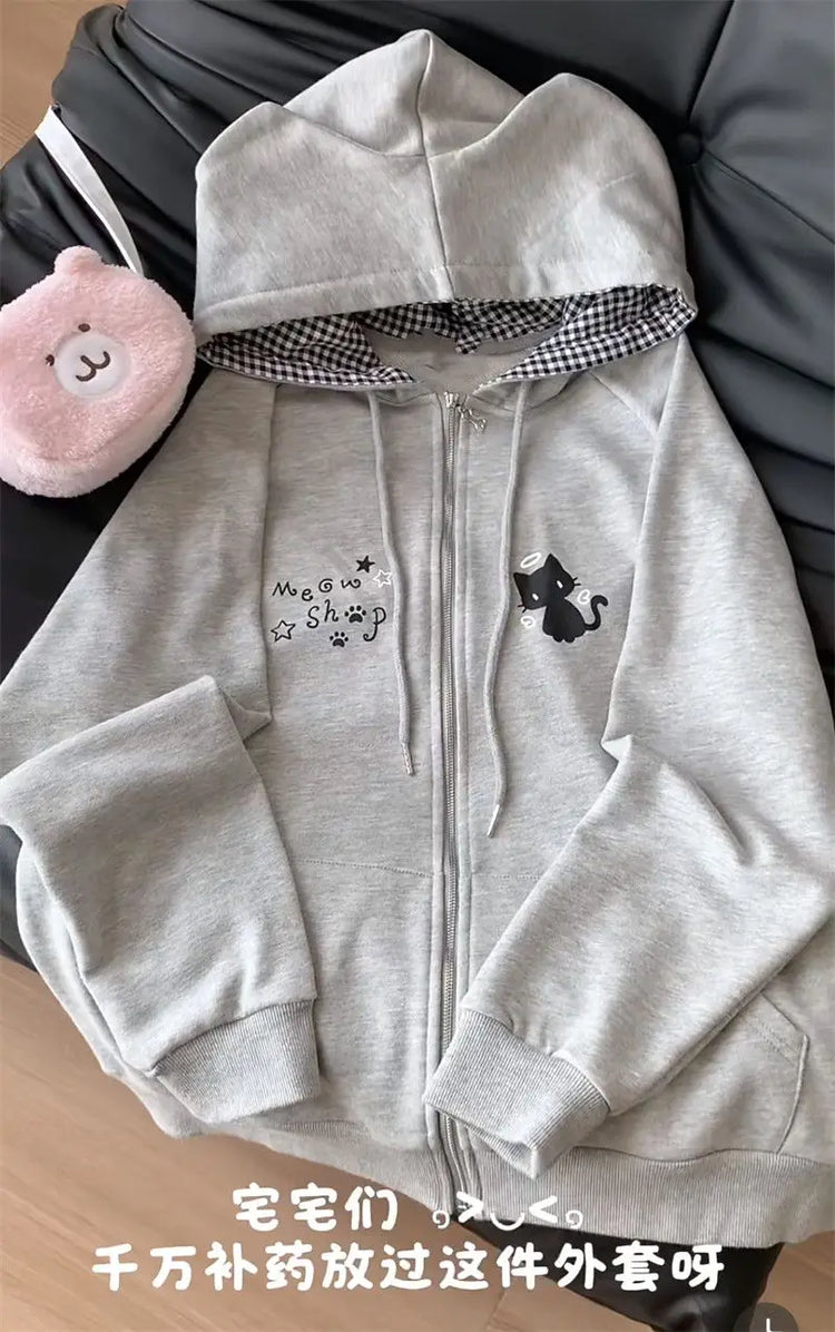Zipper Hoodie Gothic Cartoon Kawaii Cat Ear Y2k Jacket Zip Up Thin Coat Spring Autumn Cute Core 2000s Clothes Fall Sweatshirts