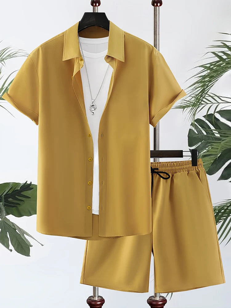 Camicia hawaiana da uomo semplice tinta unita Tendenza estiva Pantaloncini a maniche corte 2 pezzi Pantaloncini casual quotidiani Top Suit Moda oversize