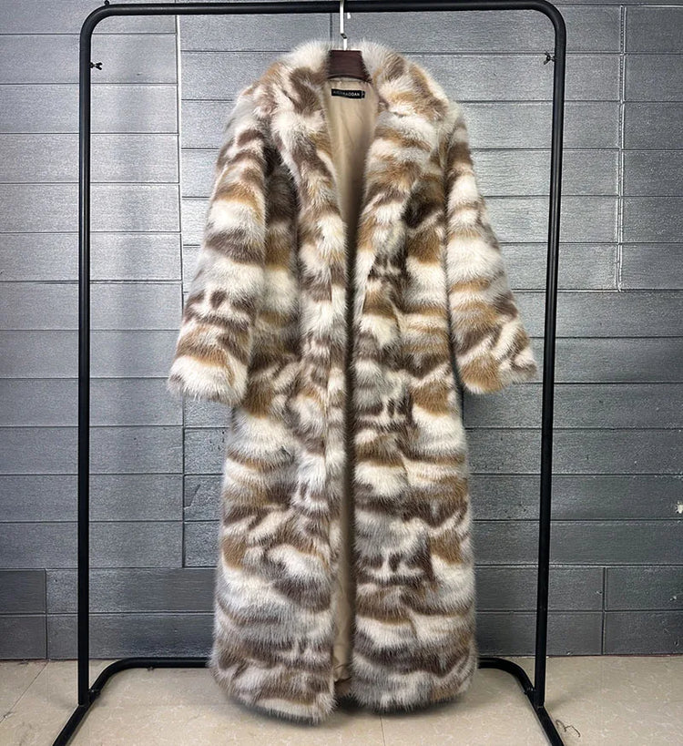 ZADORIN 130cm Long Thicken Lapel Cow Print White Brown Faux Fur Coat Woman Clothing Luxury Fluffy Jacket Winter Fur Coats Woman
