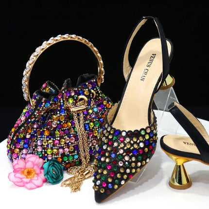 Venus Chan Pointed Toe Heels for Women 2023 Elegant Party Wine Color Full Diamond Pumps Italian Shoes and Bags Matching Set PlatiNum