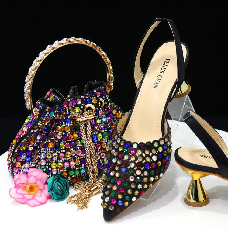 Venus Chan Pointed Toe Heels for Women 2023 Elegant Party Wine Color Full Diamond Pumps Italian Shoes and Bags Matching Set PlatiNum
