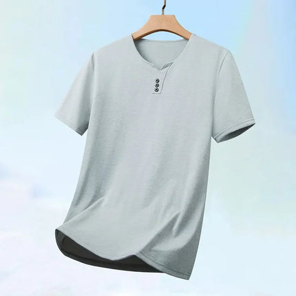 2025 New Men's Business Casual Three Button V-neck Short Sleeved T-shirt Korean Style Summer Comfortable Versatile Top PlatiNum