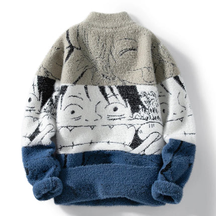 Mink Plush Thickened Round Neck Sweater New Men's Autumn Winter Loose Print Patchwork Fashion Knitted Sweater Long Sleeved Tops