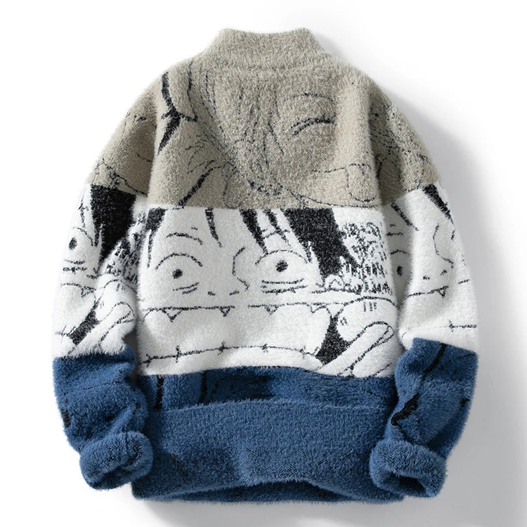Mink Plush Thickened Round Neck Sweater New Men's Autumn Winter Loose Print Patchwork Fashion Knitted Sweater Long Sleeved Tops