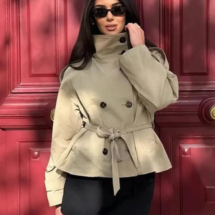 Belted Waist Cropped Trench Jackets Women Double Breasted Stand Collar Coats 2025 Autumn Chic Casual Vintage Jacket Women Cloth