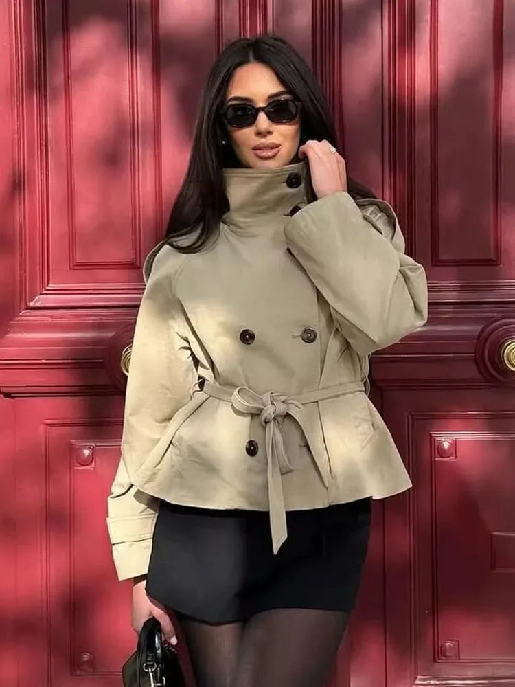 Belted Waist Cropped Trench Jackets Women Double Breasted Stand Collar Coats 2025 Autumn Chic Casual Vintage Jacket Women Cloth
