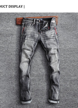 Italian Style Fashion Men Jeans Retro Gray Elastic Slim Fit Ripped Jeans Men Trousers Vintage Designer Casual Denim Pants Hombre PlatiNum
