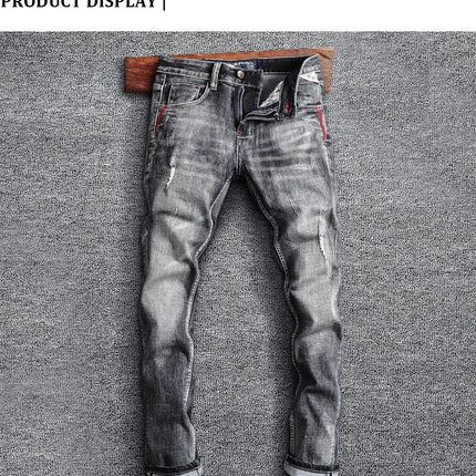 Italian Style Fashion Men Jeans Retro Gray Elastic Slim Fit Ripped Jeans Men Trousers Vintage Designer Casual Denim Pants Hombre PlatiNum
