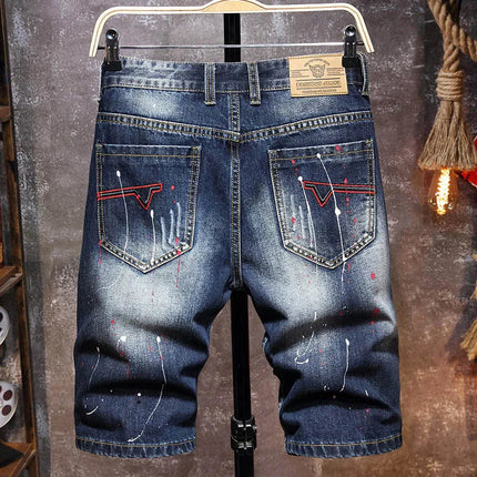 Men Ripped Short Jeans Summer Cotton Knee Length Shorts Breathable Vintage Denim Pants Painted Graffiti Streetwear Cargo Jeans PlatiNum