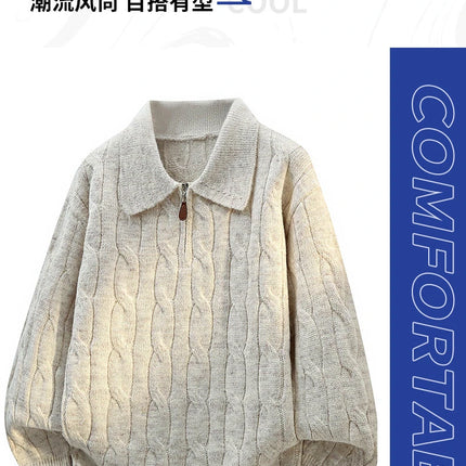 Men's  Knit Sweater Pullover Solid Color Long Sleeve Lapel zipper-Up Fall Winter Loose Warm Casual top