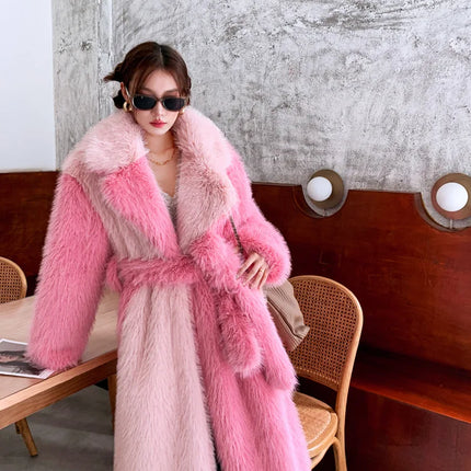 ZADORIN New Spliced Oversize Belted Long Faux Fur Coat Woman Winter Clothes Furry Jacket Fur Faux Coat New in Coats & Jackets