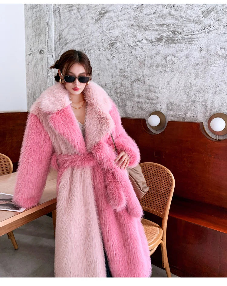ZADORIN New Spliced Oversize Belted Long Faux Fur Coat Woman Winter Clothes Furry Jacket Fur Faux Coat New in Coats & Jackets