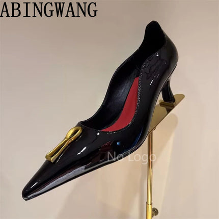 High Quality Leather Thin Heel Pumps Slip On Pointed Toe Suede Metal Shoes Women Sexy Party Sandals For Women Mujer PlatiNum
