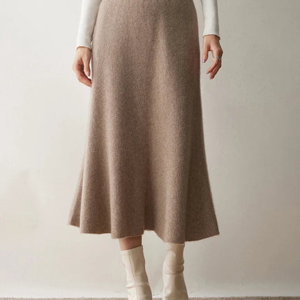 Autumn Winter Women New 100% Cashmere Fishtail Skirt  Mid Length Slimming High Waisted Knitted Umbrella Skirt Elegant Dress PlatiNum