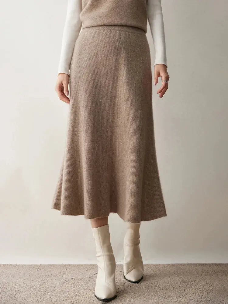 Autumn Winter Women New 100% Cashmere Fishtail Skirt  Mid Length Slimming High Waisted Knitted Umbrella Skirt Elegant Dress PlatiNum