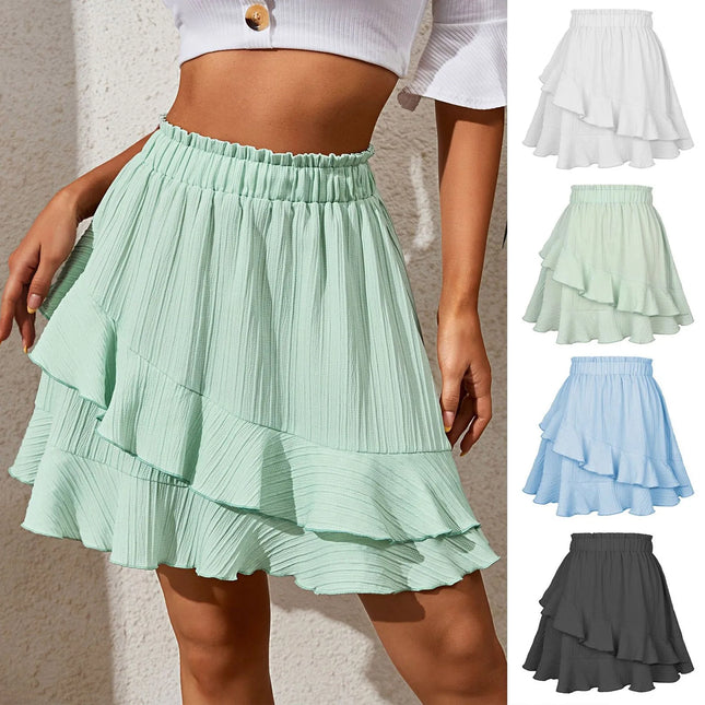 Women's Skirt Women's Tiered Skirt Fashion High Waist Solid Color Irregular Short Skirt Women's Fashion Solid Color Skirt